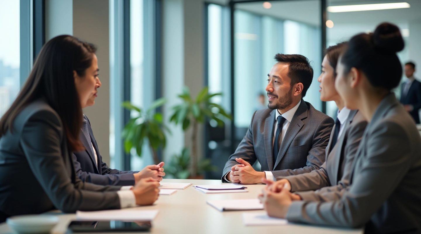 Diverse group of professionals sitting around a conference table during a meeting, smiling and engaged in discussion