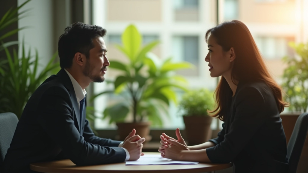 Manager listening attentively to team member during one-on-one conversation in office setting with plants and natural light