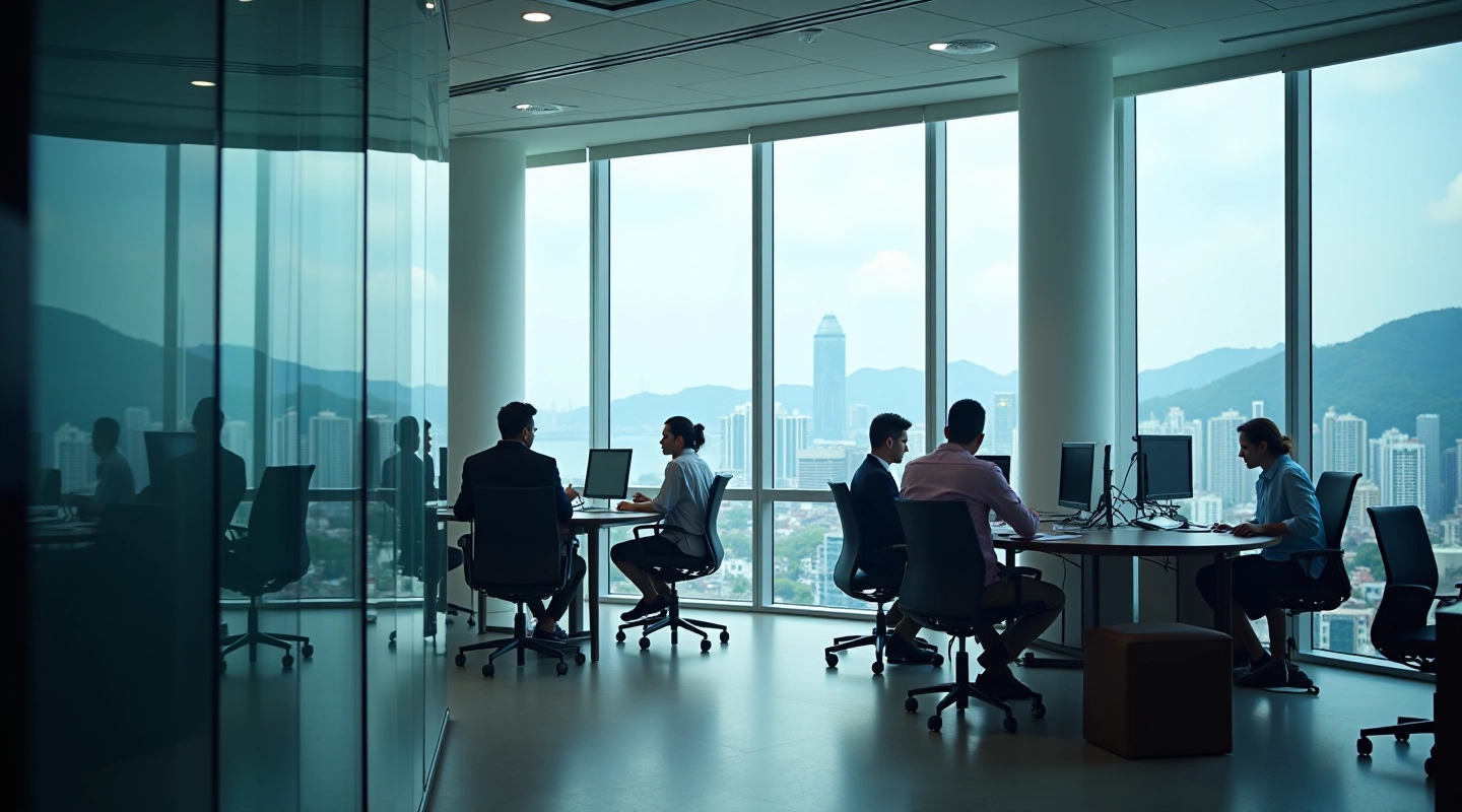 Modern office workspace with diverse team members collaborating at desks
