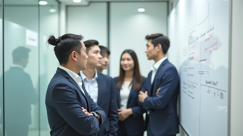 Team members from different backgrounds collaborating at a whiteboard with sketches and notes, smiling and pointing at ideas